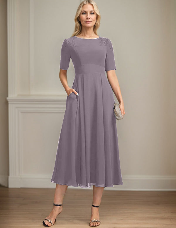 A-line Scoop Tea-Length Chiffon Mother of the Bride Dress With Appliques Lace Sequins