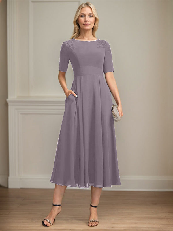 A-line Scoop Tea-Length Chiffon Mother of the Bride Dress With Appliques Lace Sequins