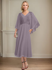 A-line V-Neck Tea-Length Chiffon Lace Mother of the Bride Dress With Beading Sequins