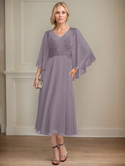 A-line V-Neck Tea-Length Chiffon Lace Mother of the Bride Dress With Beading Sequins