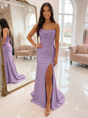 Romantic Pink Satin Corset Slit Prom Dress with Beaded Bodice