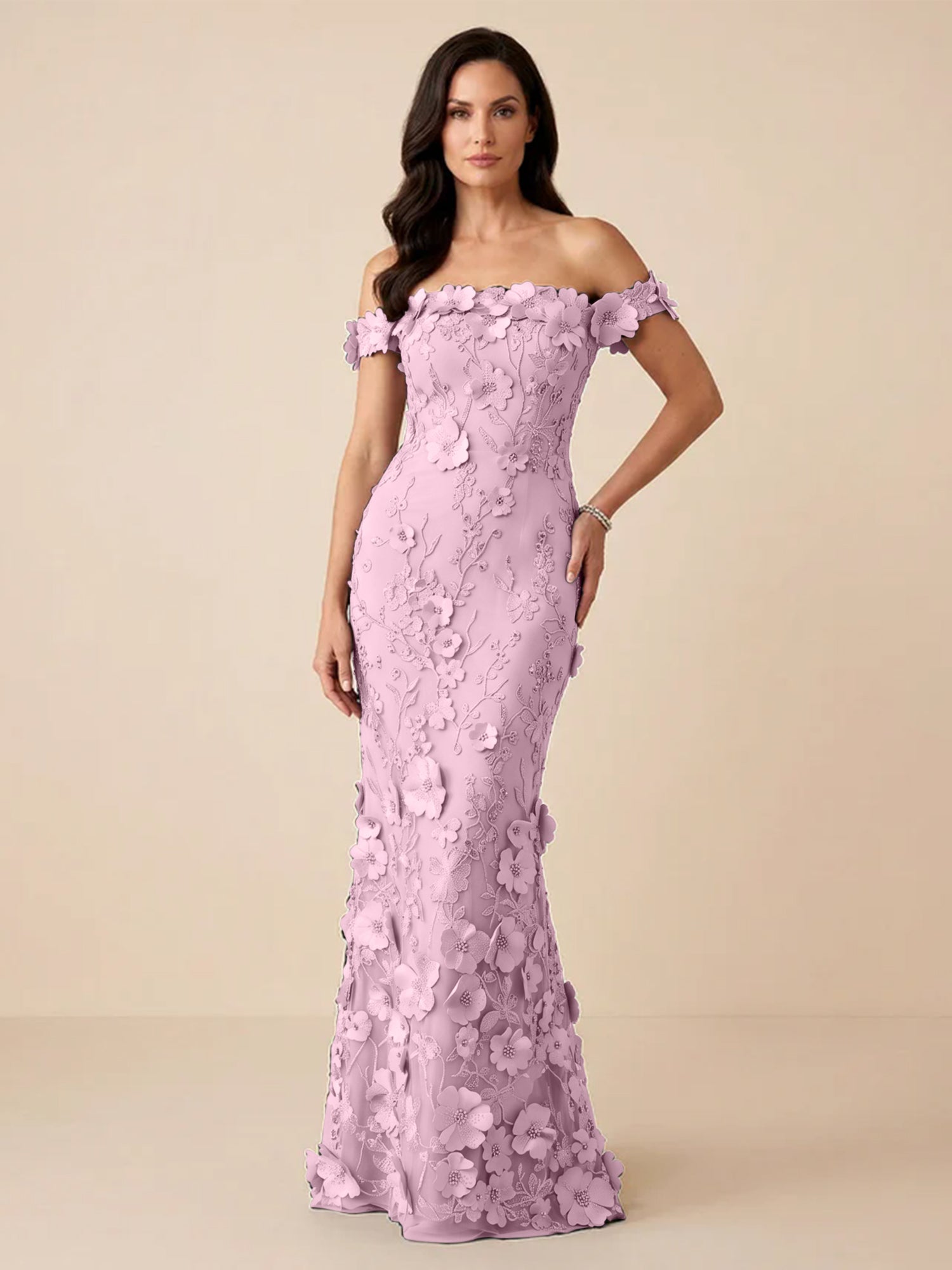 Black Off-the-Shoulder 3D Floral Mermaid Formal Gown Evening Dress