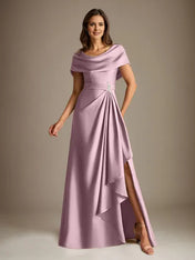 A-Line Scoop Floor-Length Stretch Satin Mother of the Bride Dress With Cascading Ruffles