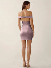 Off-The-Shoulder Ruched Satin Mini Homecoming Dress