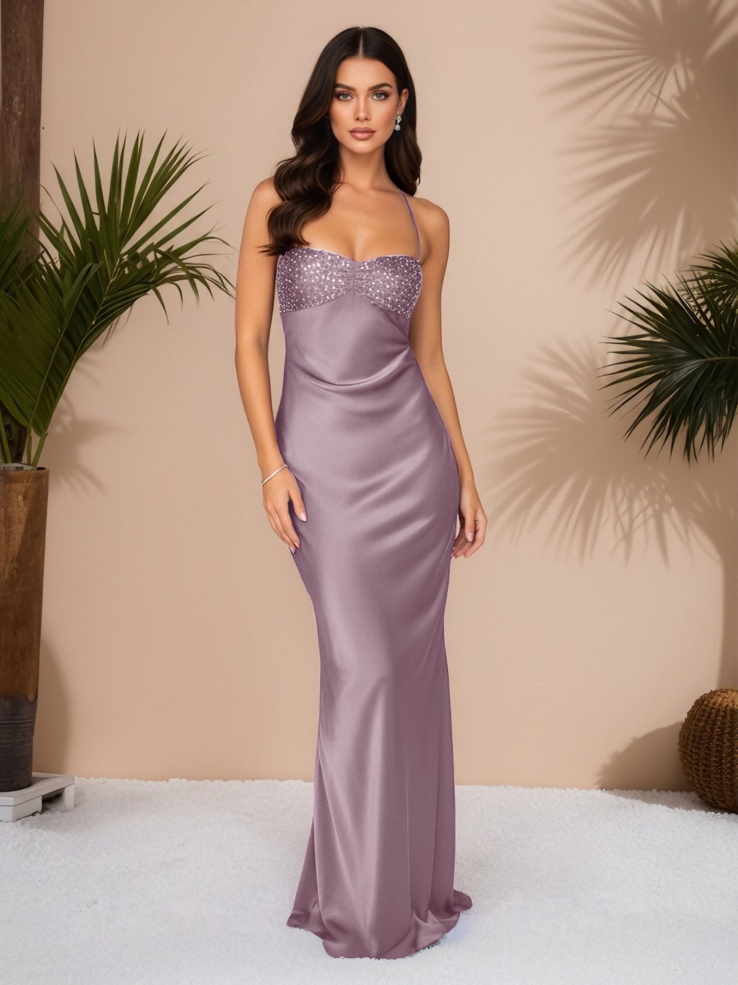 Spaghetti Straps Lace Up Satin Long Prom Dress