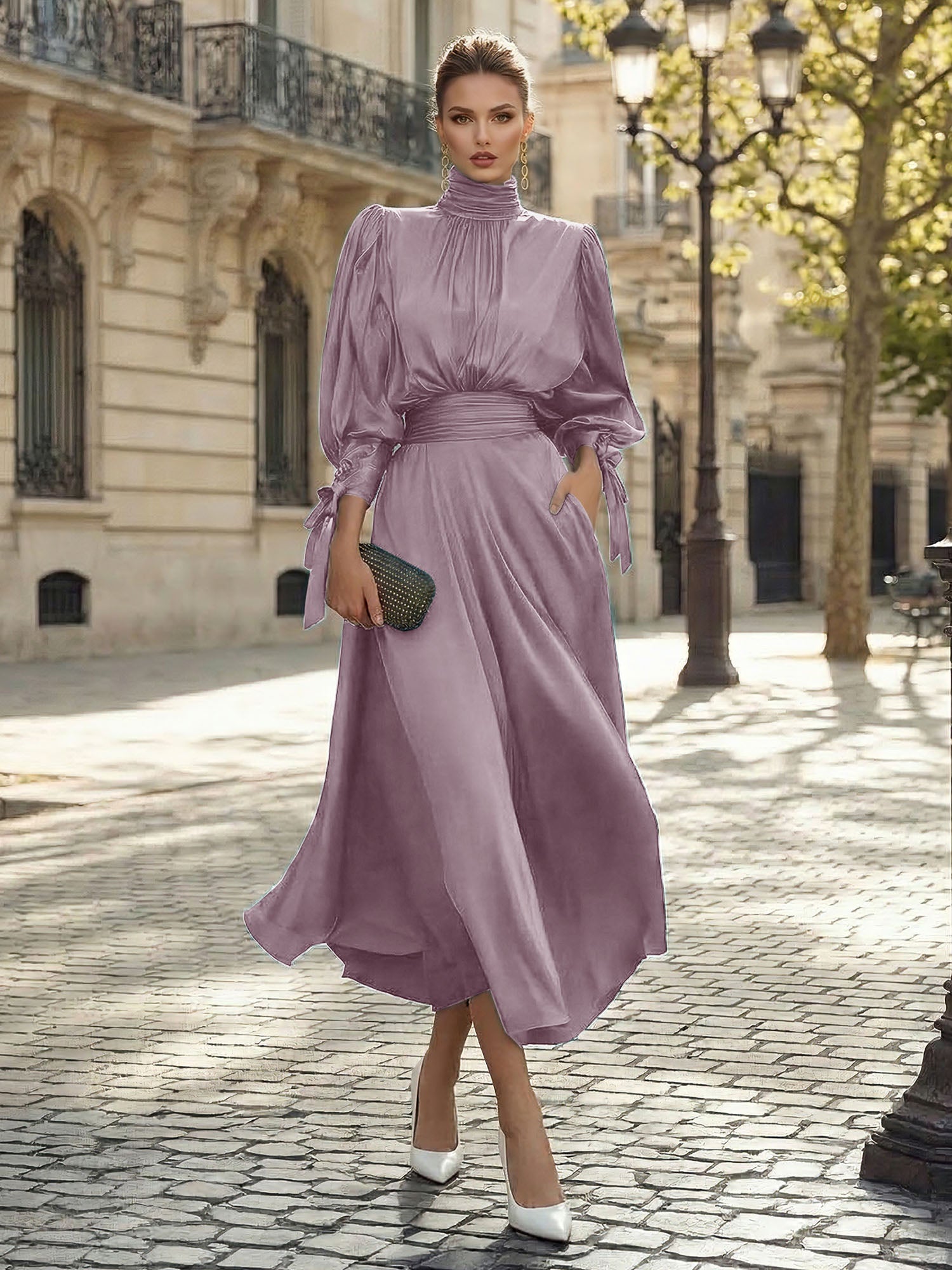 Sophisticated Emerald Green Satin High-Neck Midi Dress Gown