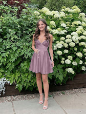 Blue A Line V-neck Beaded Back Tie Short Homecoming Mini Dress