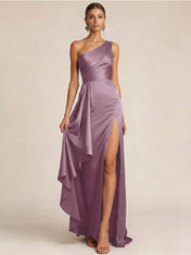 Sleek Foraml Evening Gown Midnight Navy One-Shoulder Satin Slit Maxi Dress