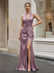 Navy Blue Halter V-Neck Satin Gown with Side Knot and High Slit Evening Dress