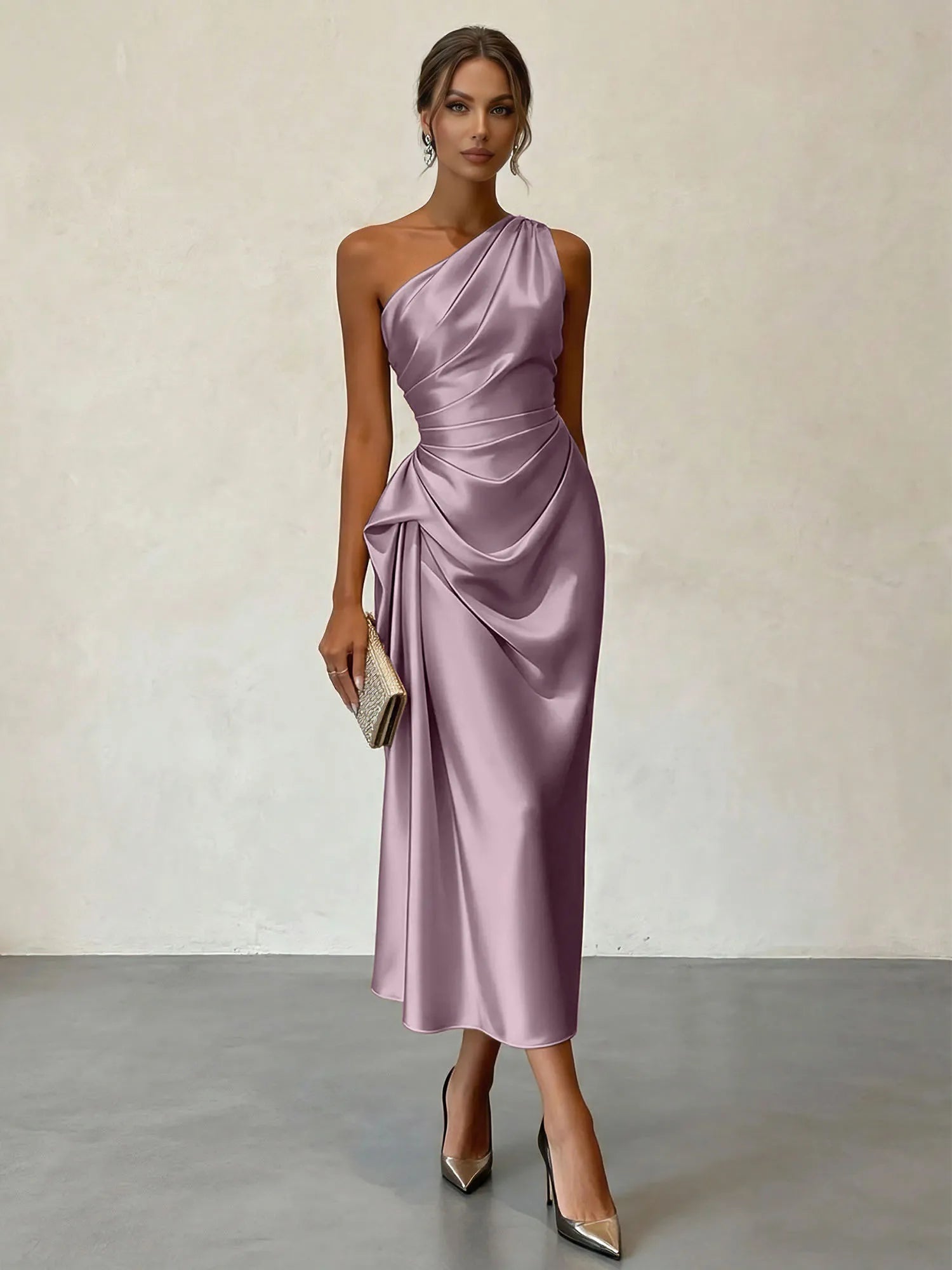 Champagne Ruched Satin One Shoulder Sleeveless Sheath Midi Dress