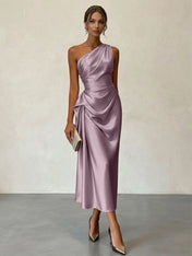 Champagne Ruched Satin One Shoulder Sleeveless Sheath Midi Dress