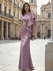 Elegant Formal Evening Dress Moonlight Silver Asymmetrical Ruffle Satin Gown
