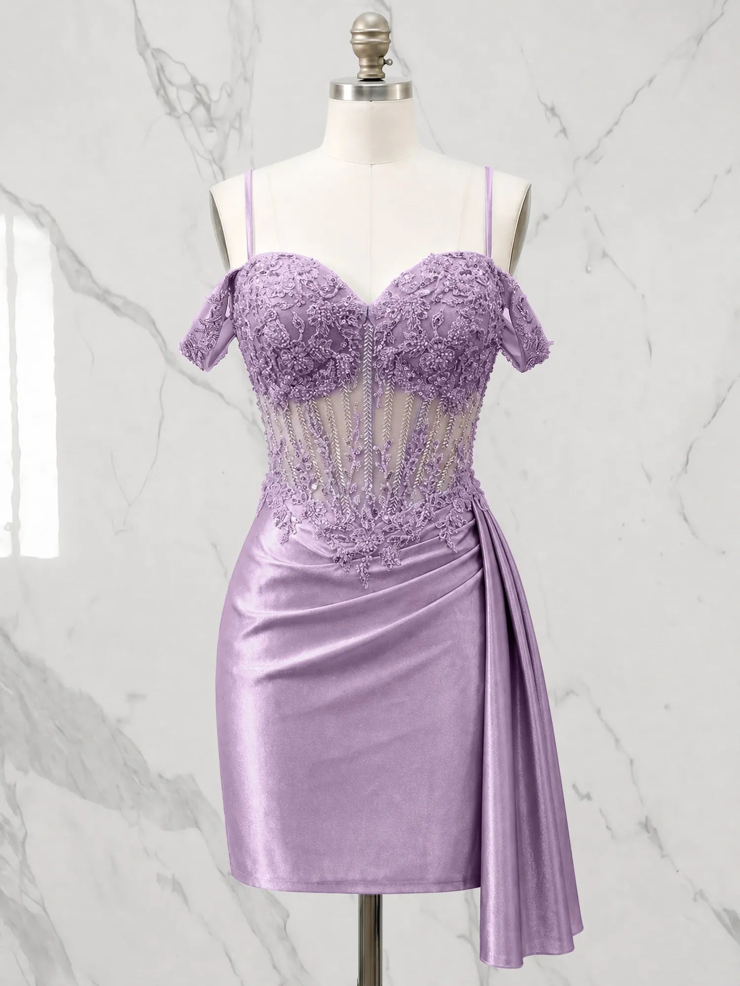 Sweetheart Sheer Corset Mini Dress with Cascading Side Drape Homecoming Dresses