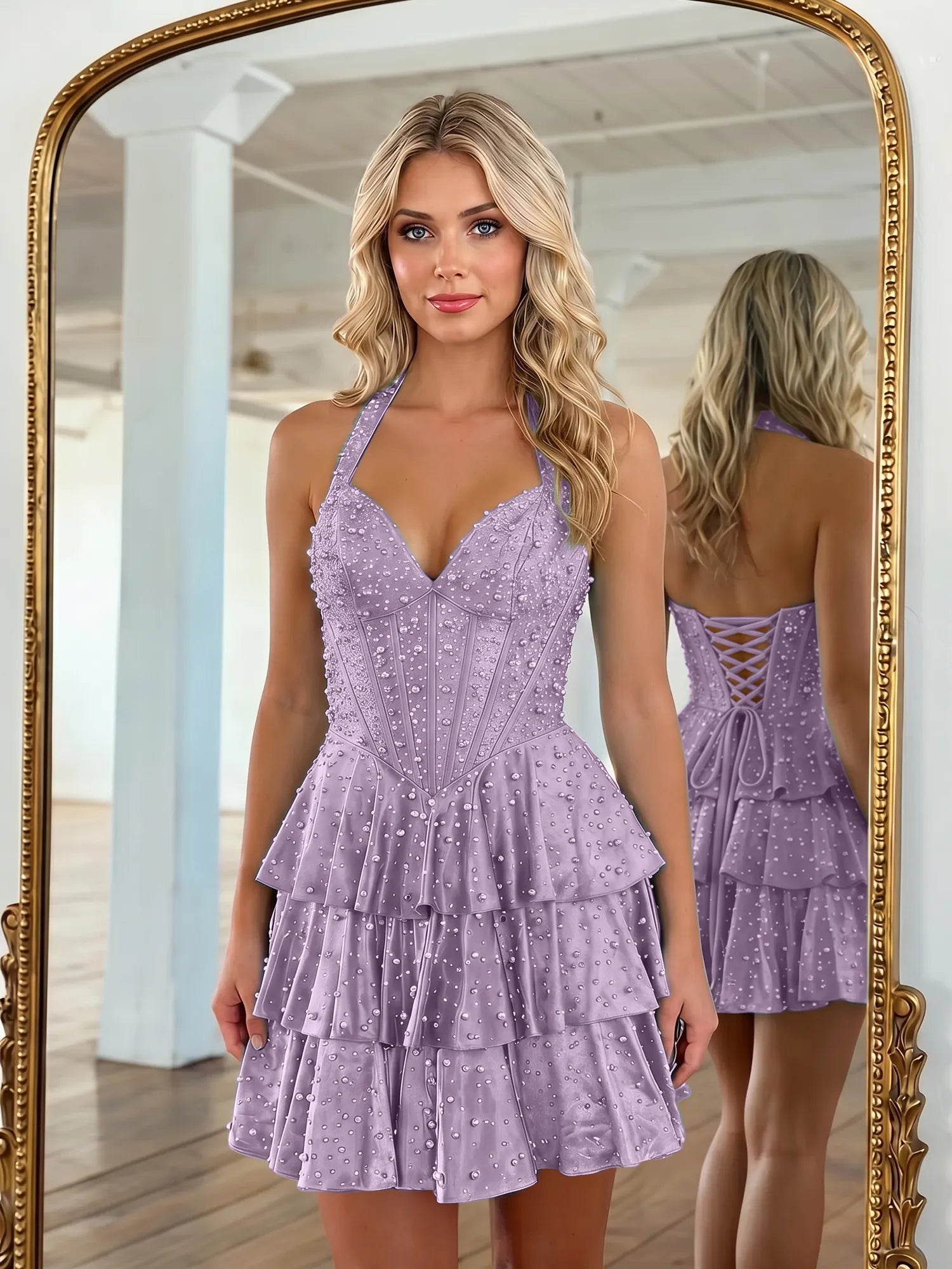 Halter Neck Pearl Beaded Tiered Short Homecoming Dresses