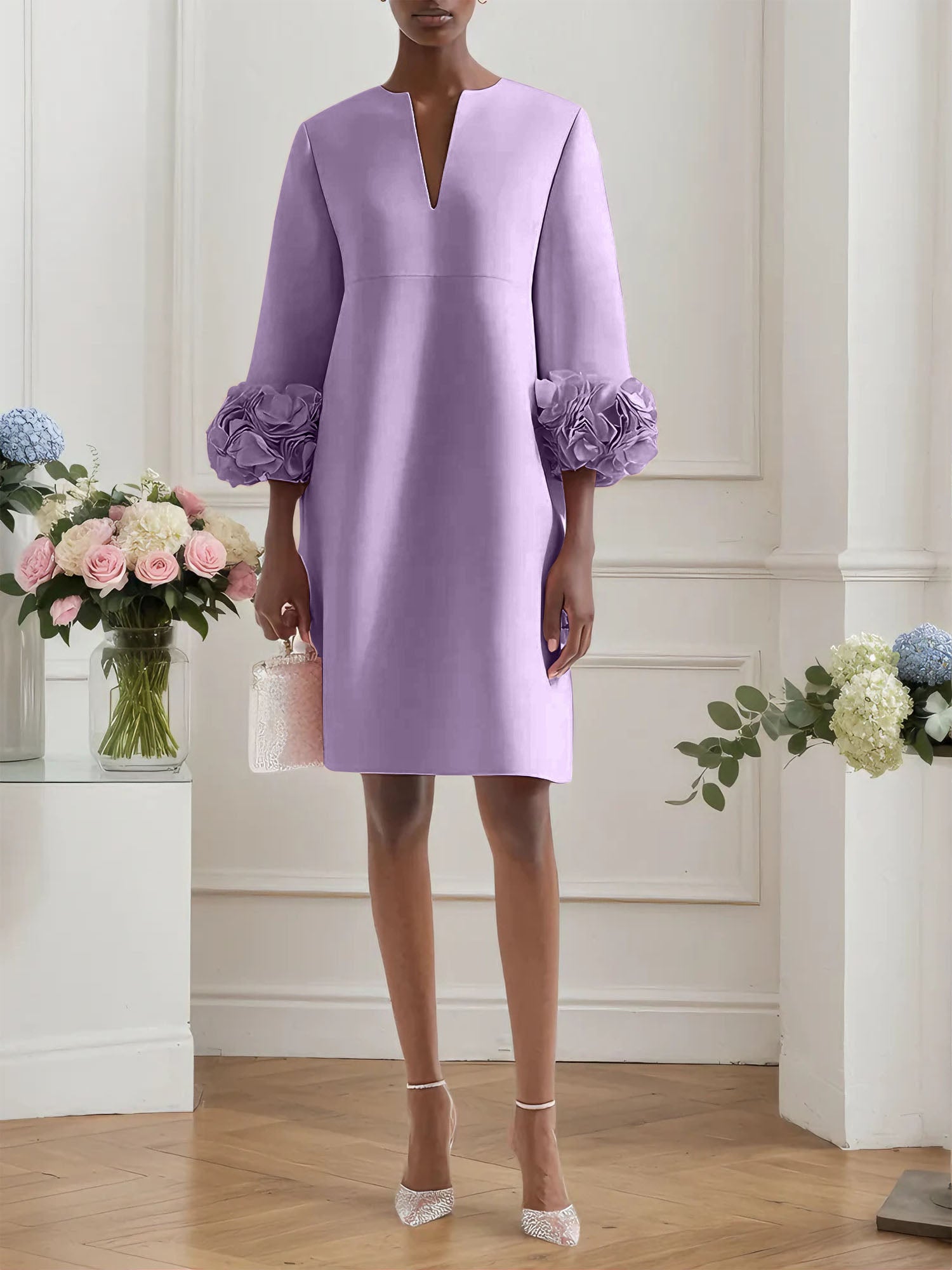 Pink 3D Floral Classic Notched Long Sleeve A-Line Midi Dress