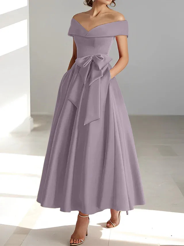 Princess Off-the-Shoulder Sleeveless Ankle-Length Mother of the Bride Dresses with Pockets