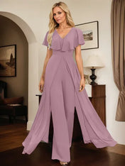 Jumpsuit/Pantsuit V-Neck Floor-Length Chiffon Evening Dress