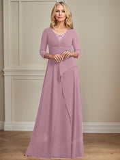 A-line V-Neck Floor-Length Chiffon Mother of the Bride Dress With Pleated Beading