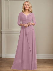A-line V-Neck Floor-Length Chiffon Mother of the Bride Dress With Pleated Beading