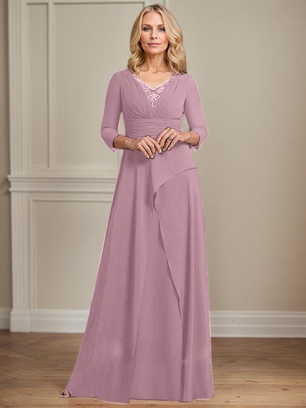 A-line V-Neck Floor-Length Chiffon Mother of the Bride Dress With Pleated Beading