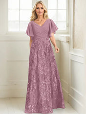 A-line V-Neck Floor-Length Lace Sequin Chiffon Mother of the Bride Dress With Pleated