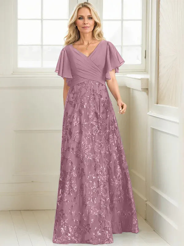 Robe de mère de la mariée trapèze, col en V, longueur au sol, en mousseline de soie et dentelle à sequins, avec plis 