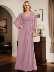 Robe de mère de la mariée fourreau/colonne, col en V, longueur au sol, en mousseline, avec paillettes plissées et perles 