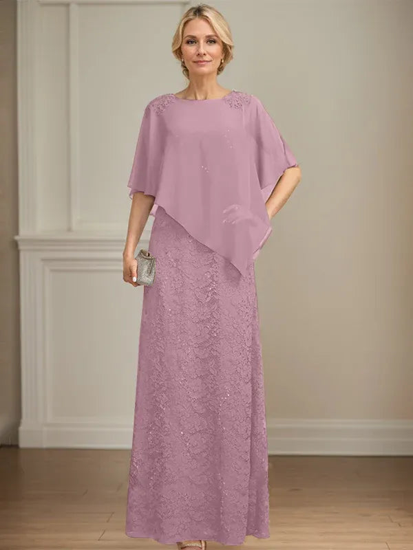Column Scoop Floor-Length Chiffon Lace Mother of the Bride Dress With Sequins Beading