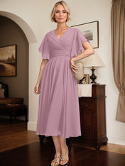 A-line V-Neck Tea-Length Chiffon Mother of the Bride Dress With Pleated Beading