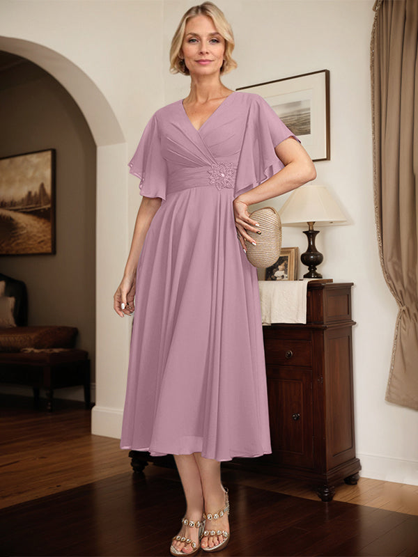 A-line V-Neck Tea-Length Chiffon Mother of the Bride Dress With Pleated Beading
