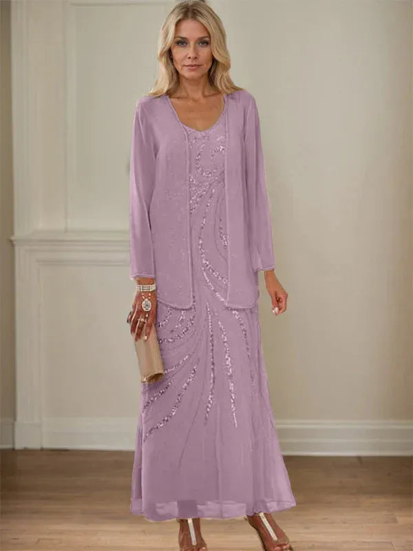 Column V-Neck Ankle-Length Mother of the Bride Dresses with Jacket & Sequins