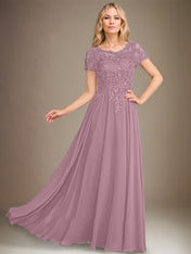 A-Line Scoop Floor-Length Chiffon Mother of the Bride Dress With Applique & Sequins