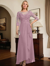 A-line Scoop Illusion Asymmetrical Lace Chiffon Mother of the Bride Dress With Sequins Cascading Ruffles