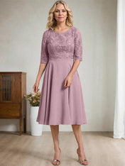 A-line Scoop Knee-Length Lace Chiffon Mother of the Bride Dress