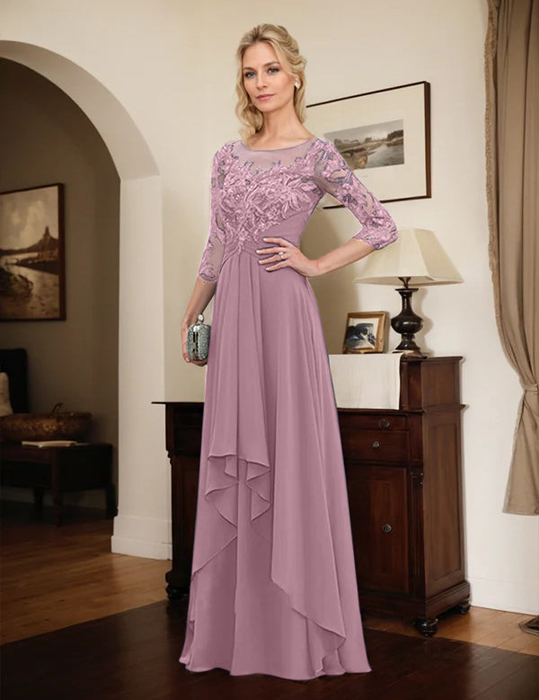 Robe de mère de la mariée trapèze en mousseline de soie et dentelle, longueur au sol, avec volants en cascade 
