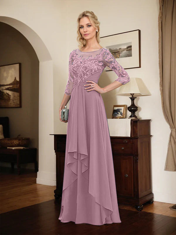 A-line Scoop Illusion Floor-Length Lace Chiffon Mother of the Bride Dress With Cascading Ruffles