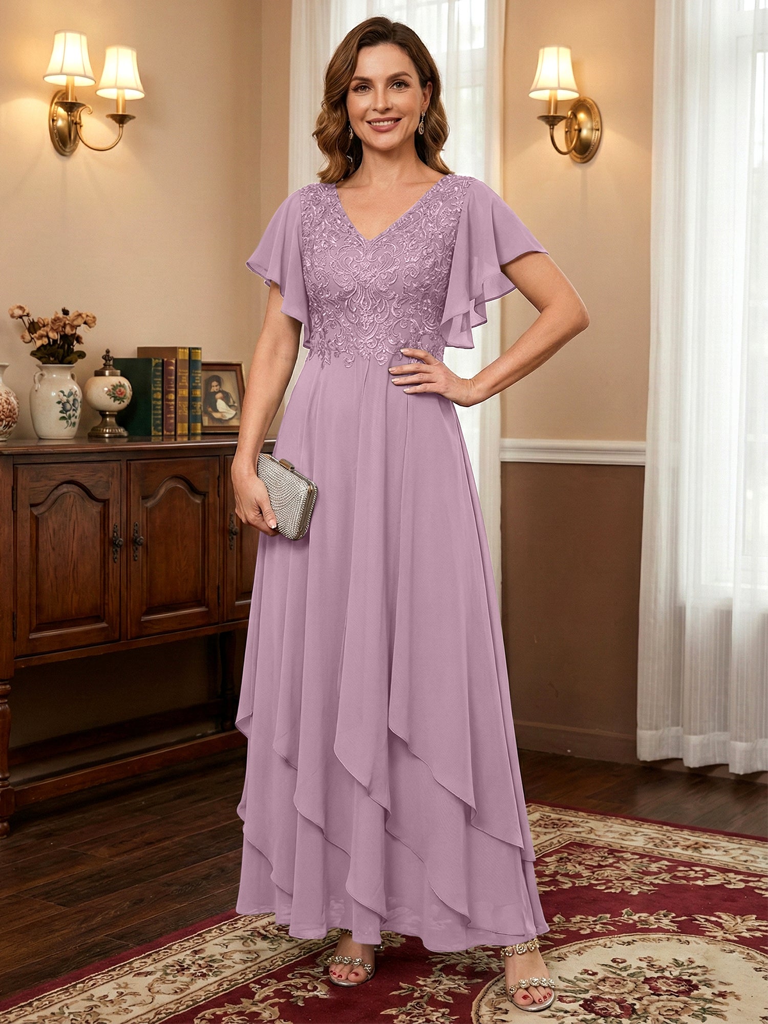 A-line V-Neck Ankle-Length Lace Chiffon Mother of the Bride Dress With Cascading Ruffles