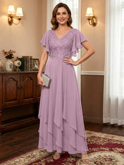 A-line V-Neck Ankle-Length Lace Chiffon Mother of the Bride Dress With Cascading Ruffles