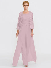 Ensemble 3 pièces en mousseline de soie avec col carré et veste pour mère de la mariée 