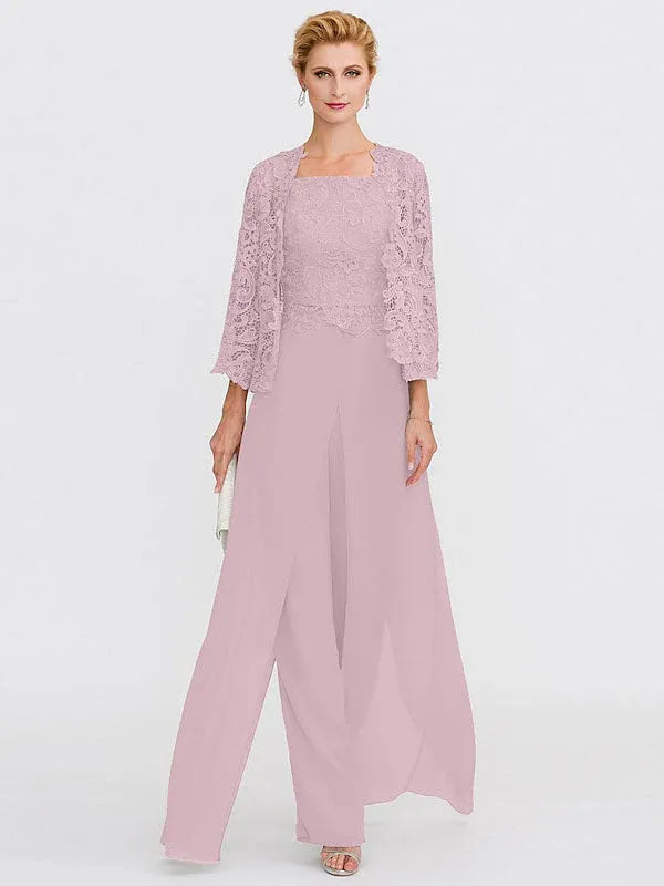 Ensemble 3 pièces en mousseline de soie avec col carré et veste pour mère de la mariée 