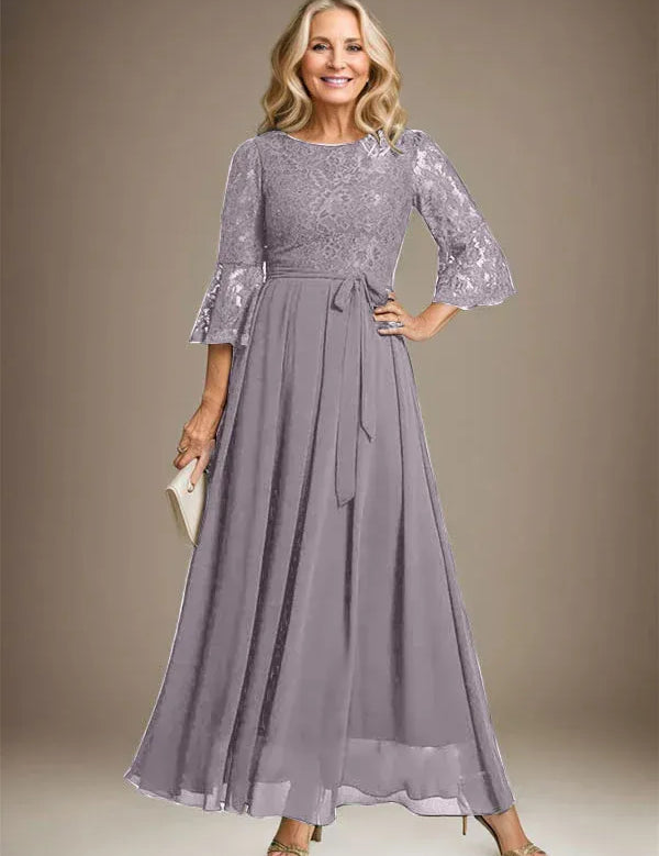 A-line Scoop Ankle-Length Lace Chiffon Mother of the Bride Dress With Bow