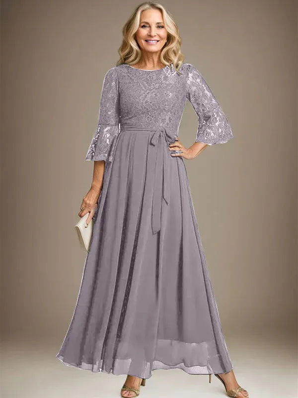 Robe de mère de la mariée trapèze en mousseline de soie et dentelle, longueur cheville, avec nœud