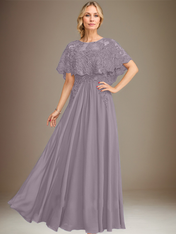A-line Boat Neck Floor-Length Lace Chiffon Mother of the Bride Dress With Applique Sequins