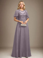 A-line Scoop Illusion Floor-Length Lace Chiffon Mother of the Bride Dress With Sequins