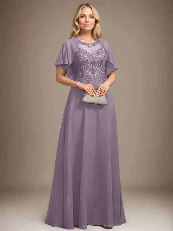 A-line Scoop Illusion Floor-Length Lace Chiffon Mother of the Bride Dress With Sequins