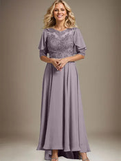 A-line Scoop Illusion Asymmetrical Chiffon Lace Mother of the Bride Dress With Beading