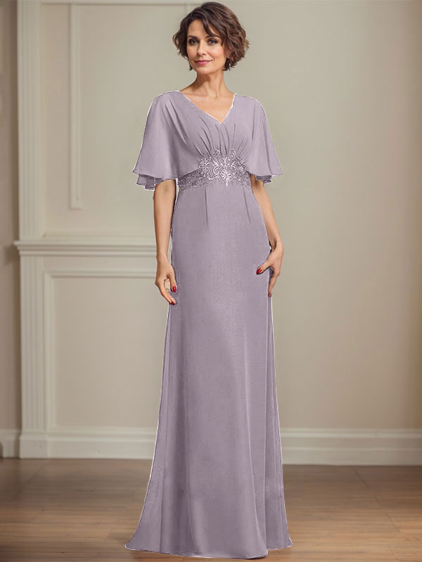 A-line V-Neck Floor-Length Chiffon Mother of the Bride Dress With Pleated Sequins Appliques Lace