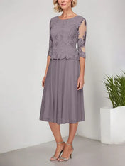 A-line Scoop Tea-Length Lace Chiffon Mother of the Bride Dress With Embroidery