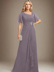 A-line Asymmetrical Floor-Length Chiffon Mother of the Bride Dress With Pleated Beading Sequins