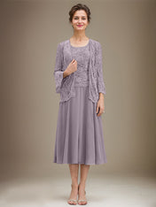 A-line Scoop Tea-Length Lace Chiffon Mother of the Bride Dress With Sequins